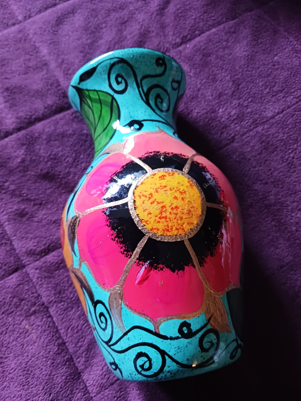 Mexican Hand-Painted Floral Ceramic Vase - Turquoise & Yellow